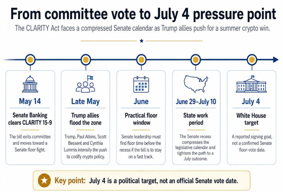 Trump’s crypto push hits the Senate vote math behind CLARITY Act’s July 4 target