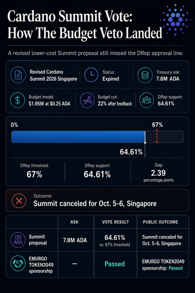 Cardano 2026 Summit canceled after treasury vote misses key threshold