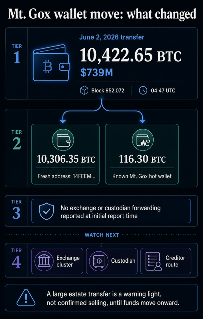 Mt. Gox-linked wallets moved 10,422 BTC, worth roughly $739 million as BTC price slides